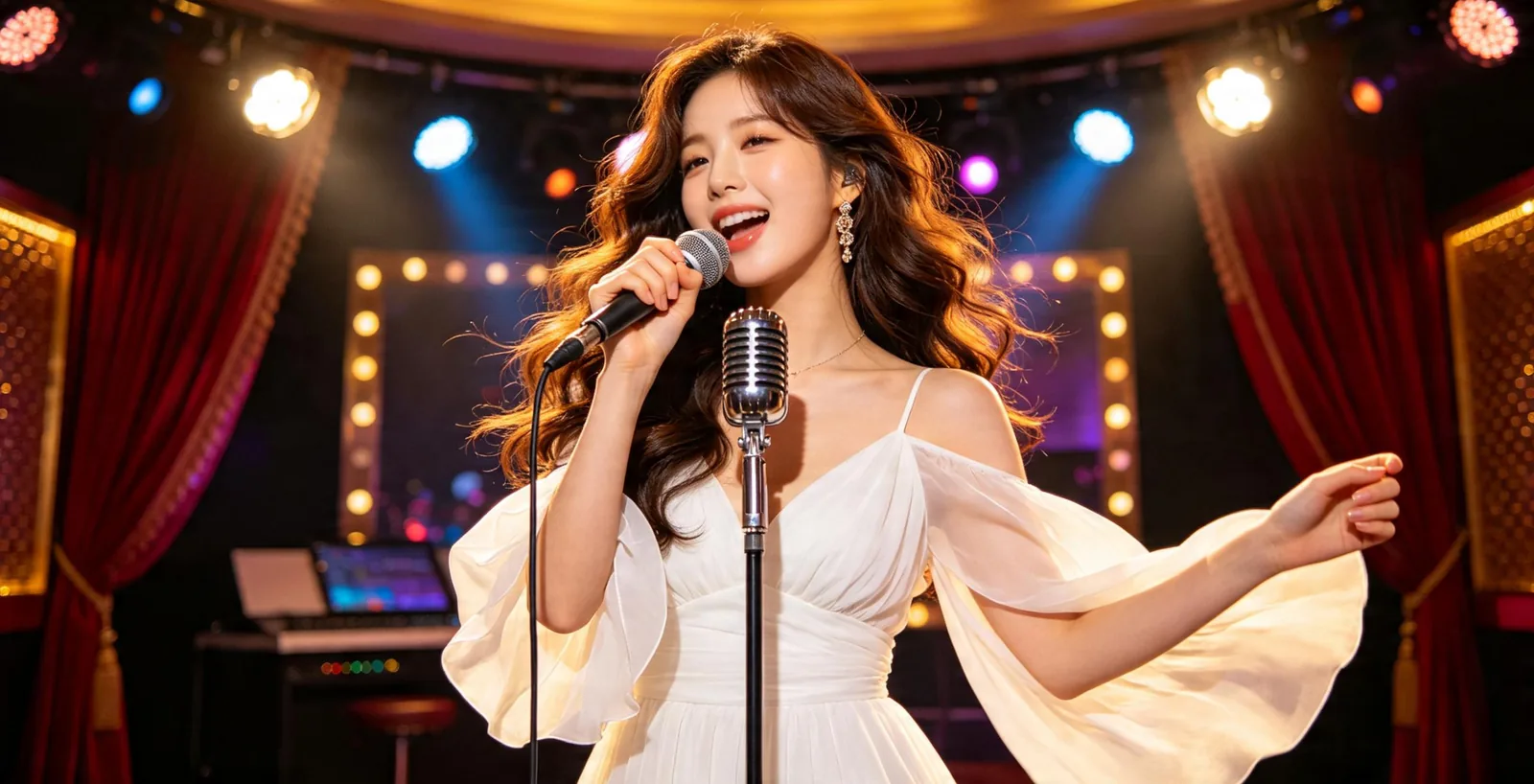 해운대노래방 무대 조명 아래 노래 부르는 모습